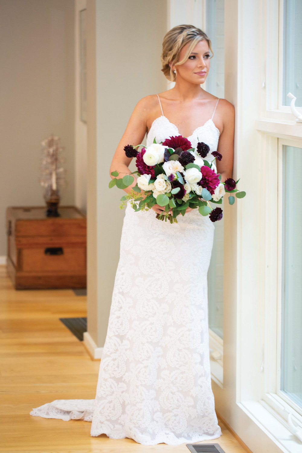 wedding dress with burgundy accents