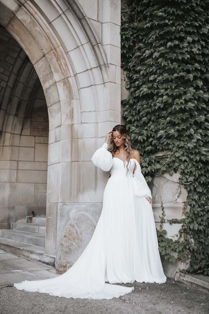 Romantic Off-the-Shoulder Long Sleeve Wedding Dress with Plunging